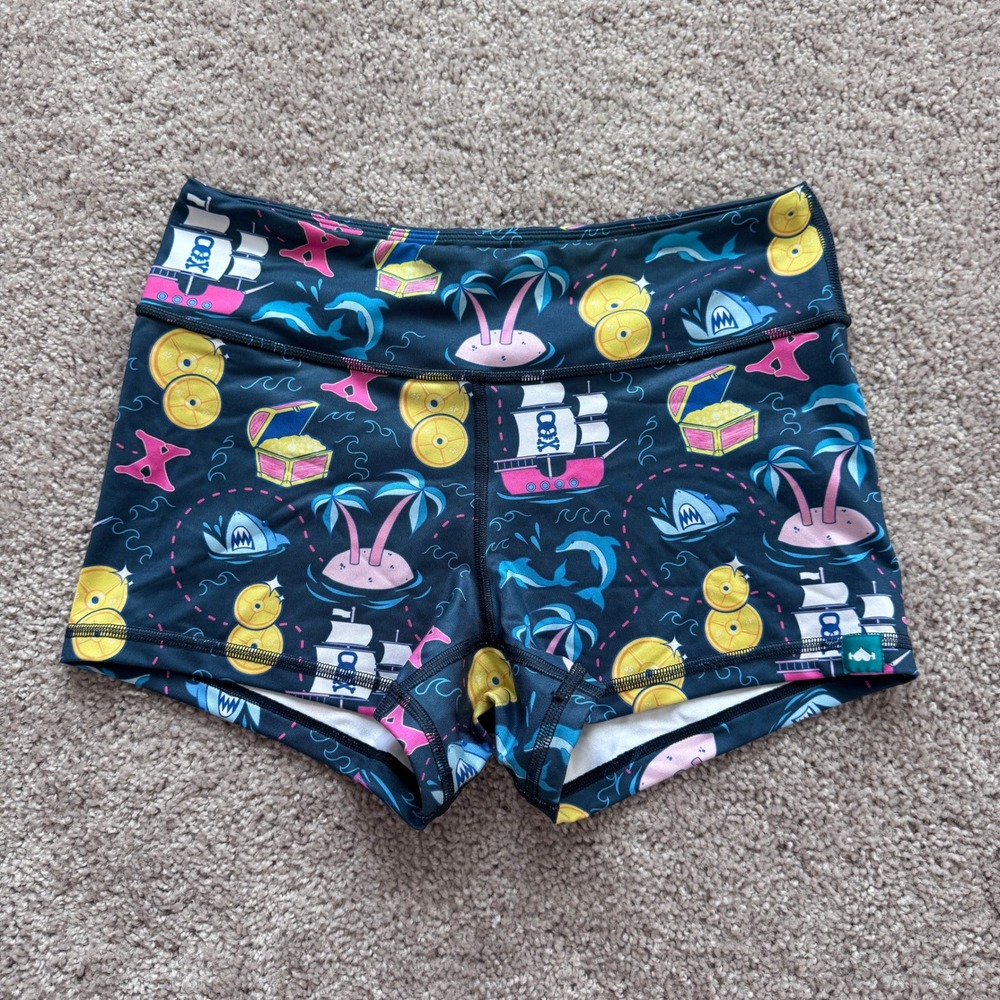 WodBottom Womens Pirate Treasure Map Athletic Booty Shorts Teal Small